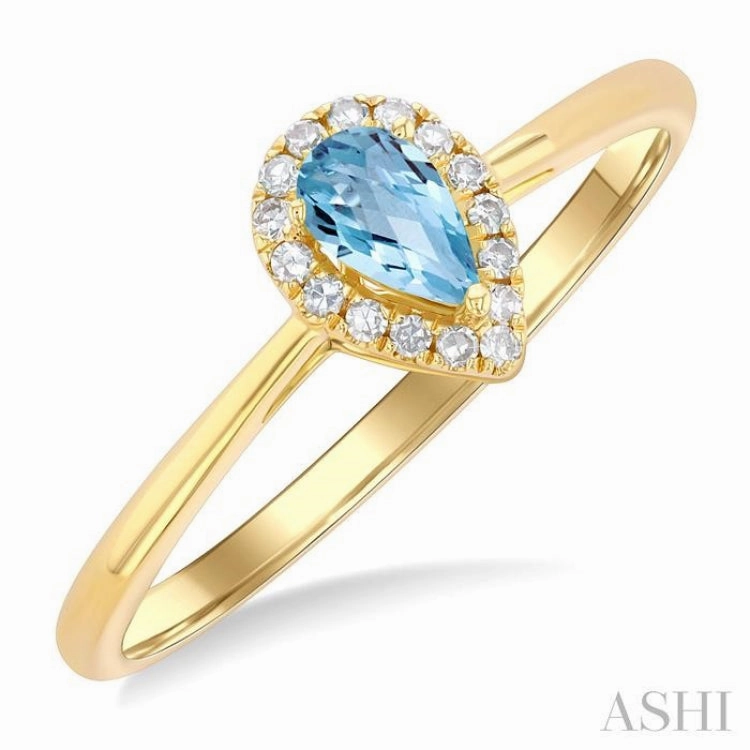 Minimal Motion Cool Finish 5x3 MM Pear Shape Aquamarine and 1/20 Ctw Single Cut Diamond Halo Semi-Precious Ring in 14K Yellow Gold