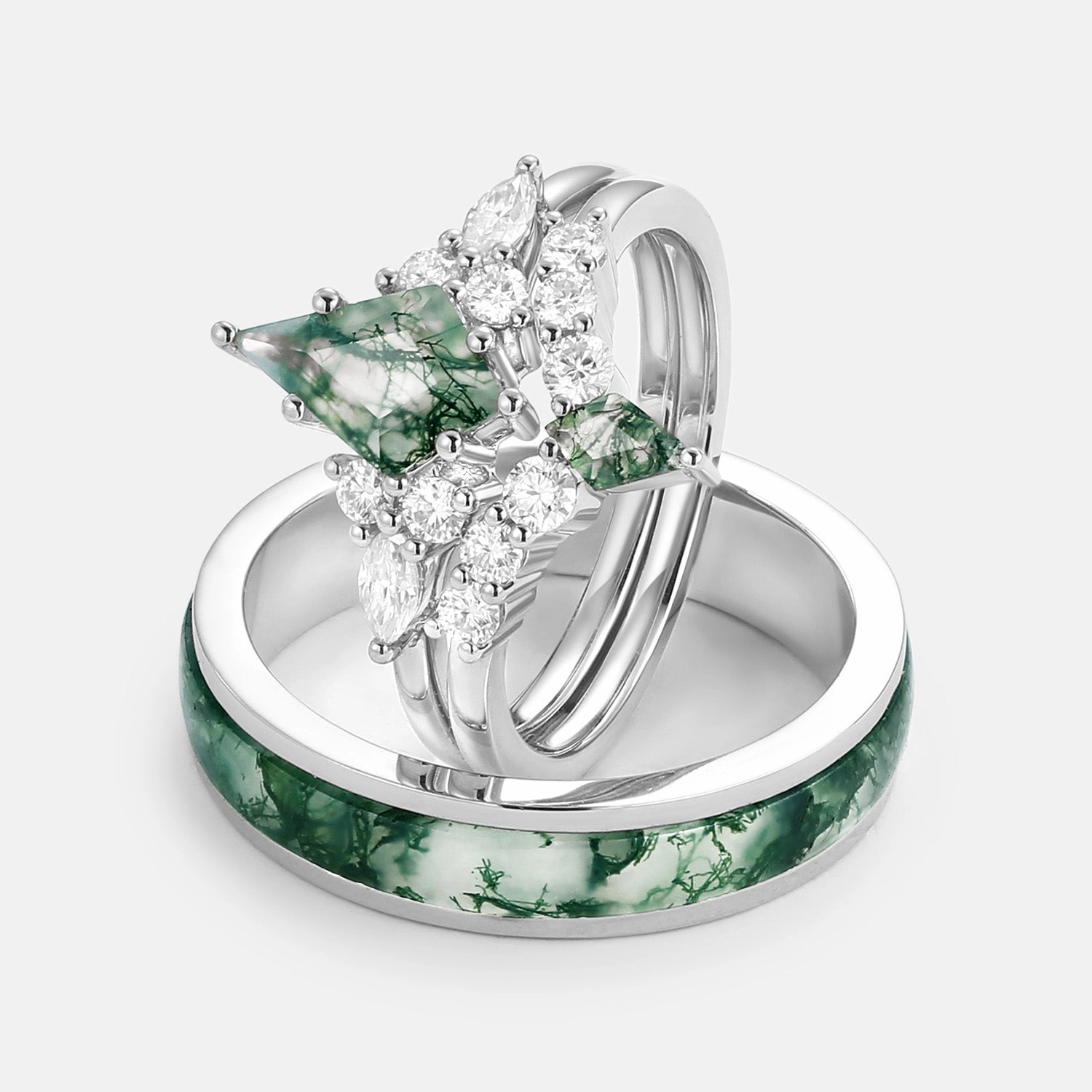 Distinctive Shine Twin Flames - Kite Cut Unique Moss Agate Engagement Couple Ring Set 3pcs - Zoey