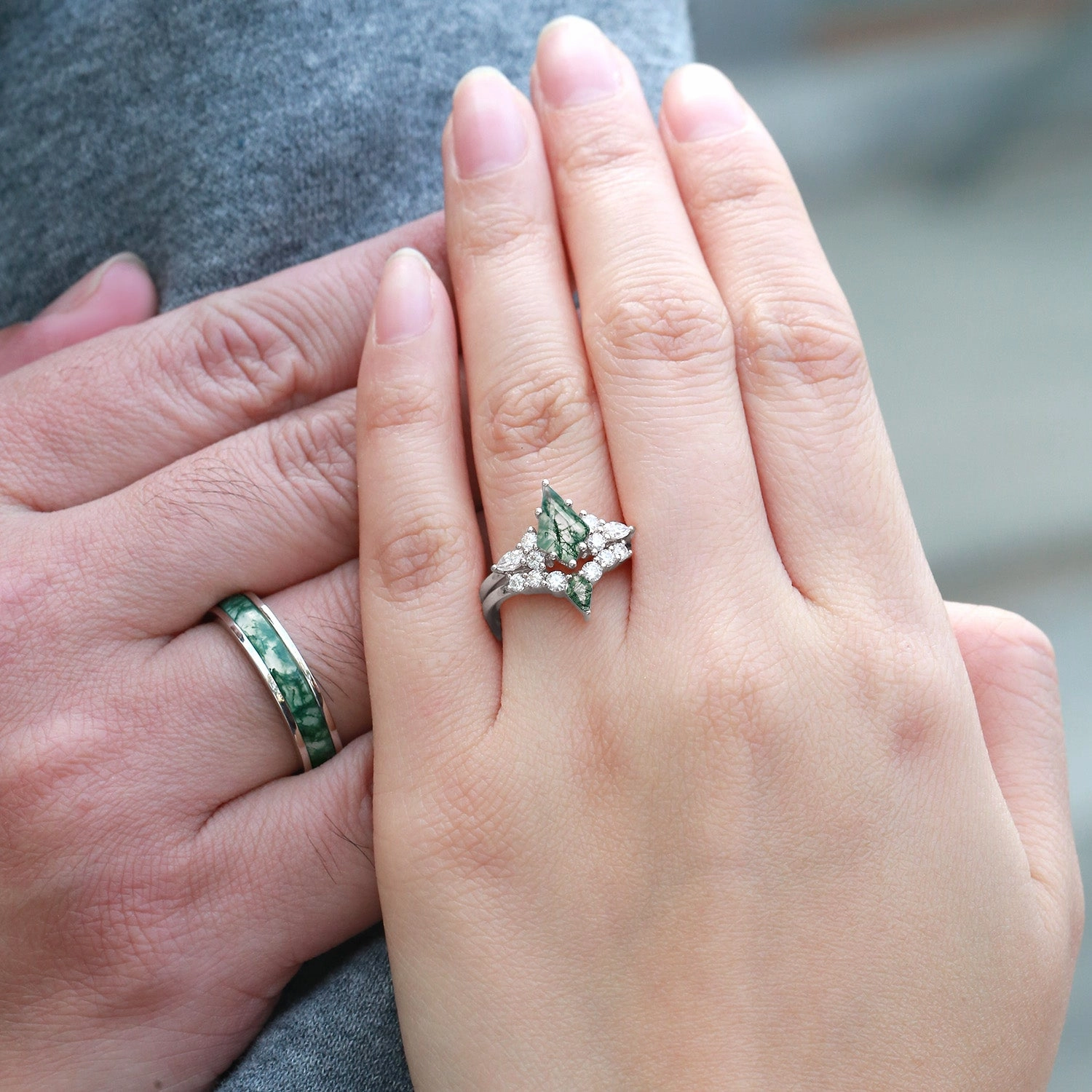 Simple Accessory Twin Flames - Kite Cut Unique Moss Agate Engagement Couple Ring Set 3pcs - Zoey