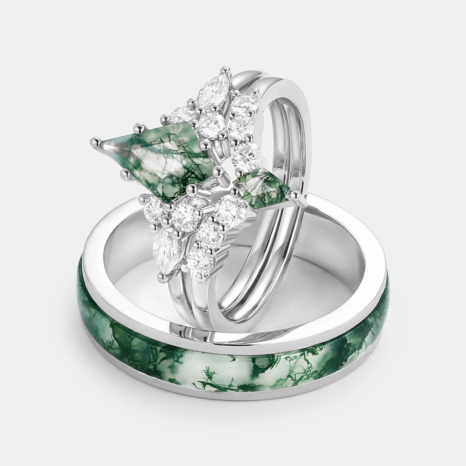 Twin Flames - Kite Cut Unique Moss Agate Engagement Couple Ring Set 3pcs - Zoey Daily Comfort Traditional Craft