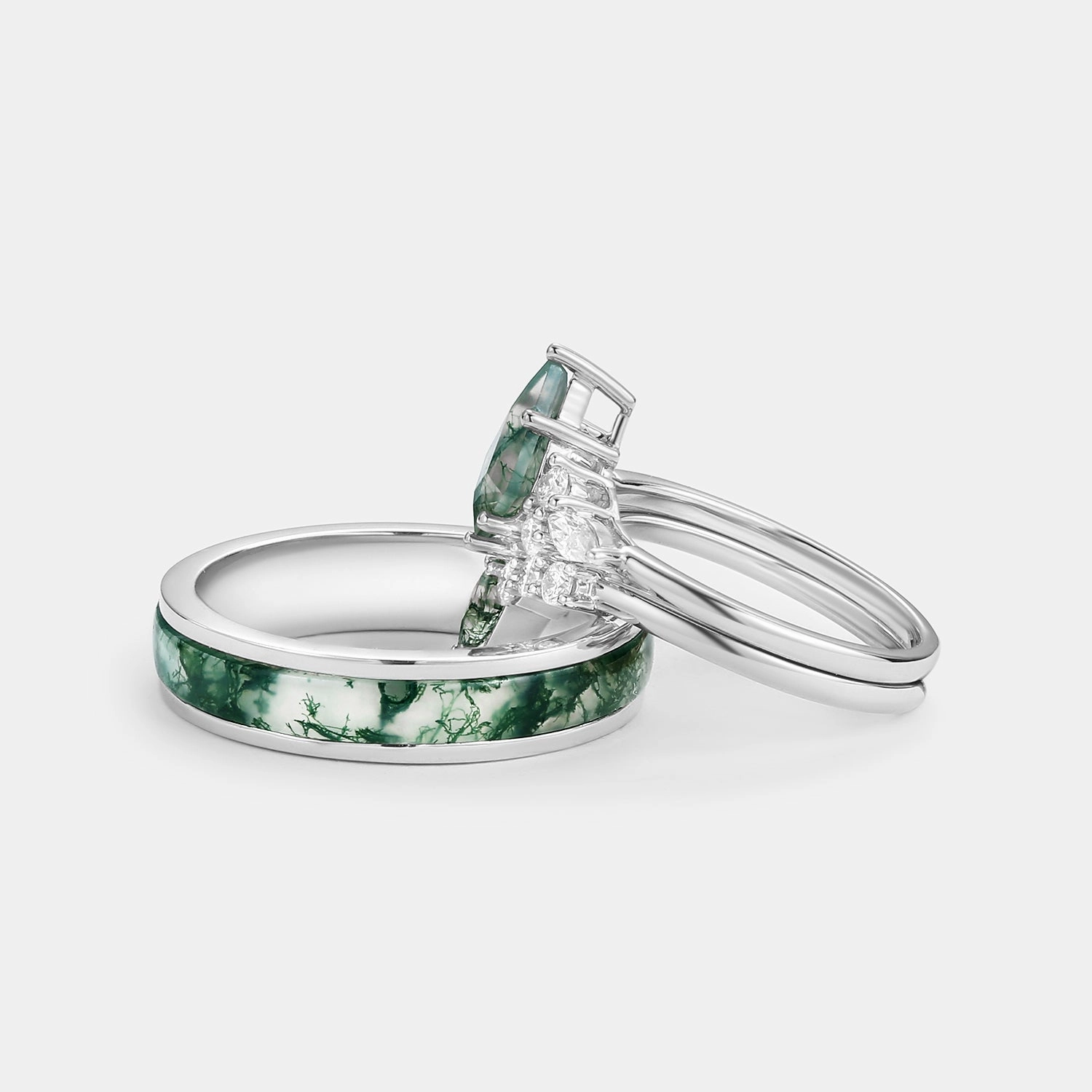 Natural Elements Twin Flames - Kite Cut Unique Moss Agate Engagement Couple Ring Set 3pcs - Zoey