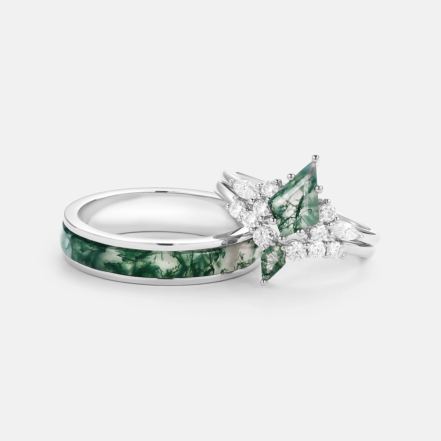 Elegant Statement Twin Flames - Kite Cut Unique Moss Agate Engagement Couple Ring Set 3pcs - Zoey