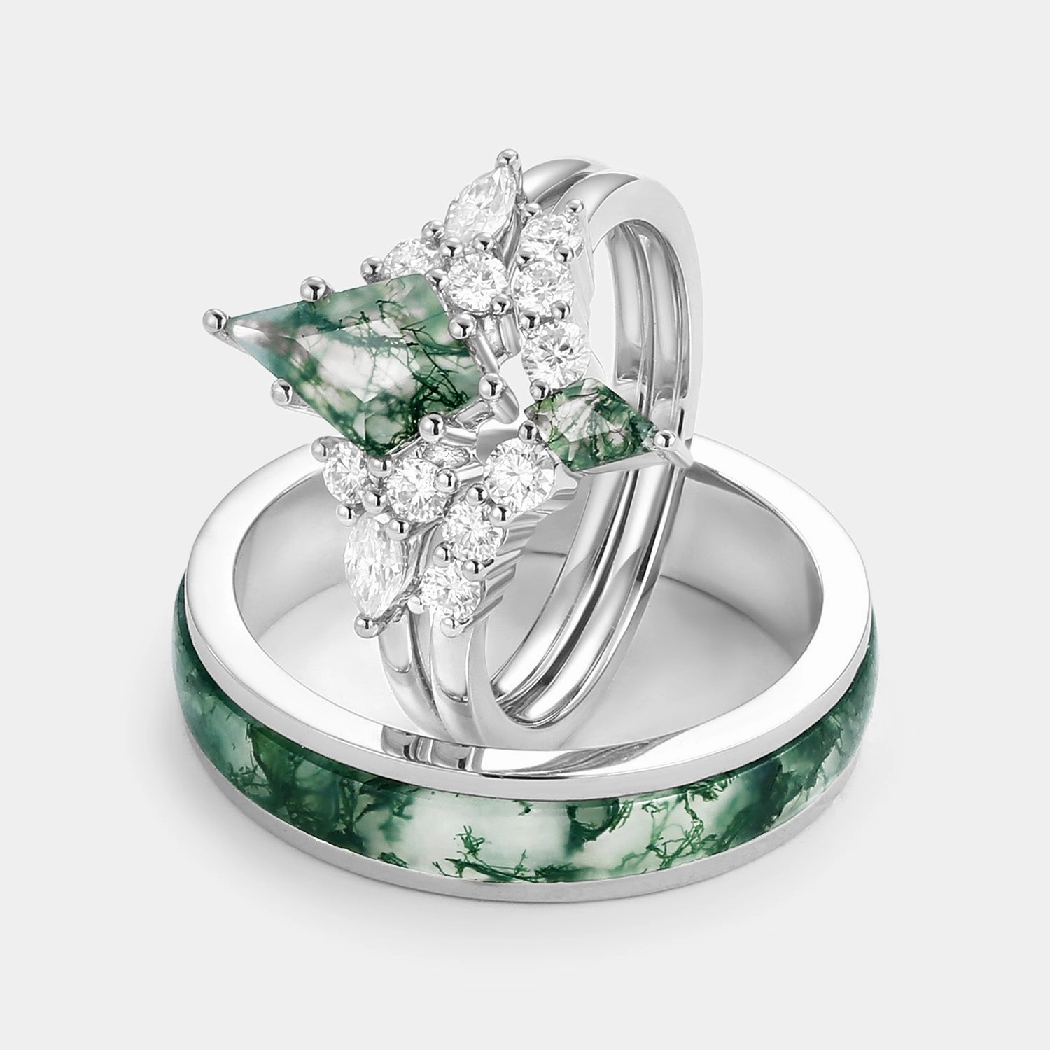Minimal Accent Romantic Set Twin Flames - Kite Cut Unique Moss Agate Engagement Couple Ring Set 3pcs - Zoey