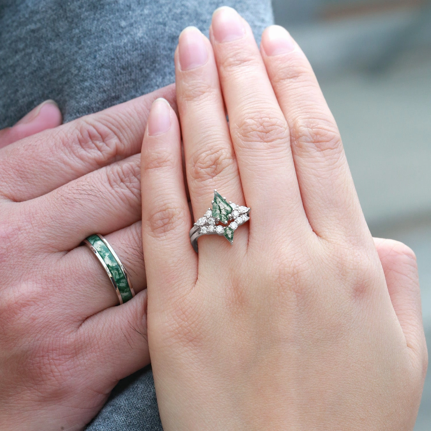 Twin Flames - Kite Cut Unique Moss Agate Engagement Couple Ring Set 3pcs - Zoey Seasonal Spark Fantastic Expression