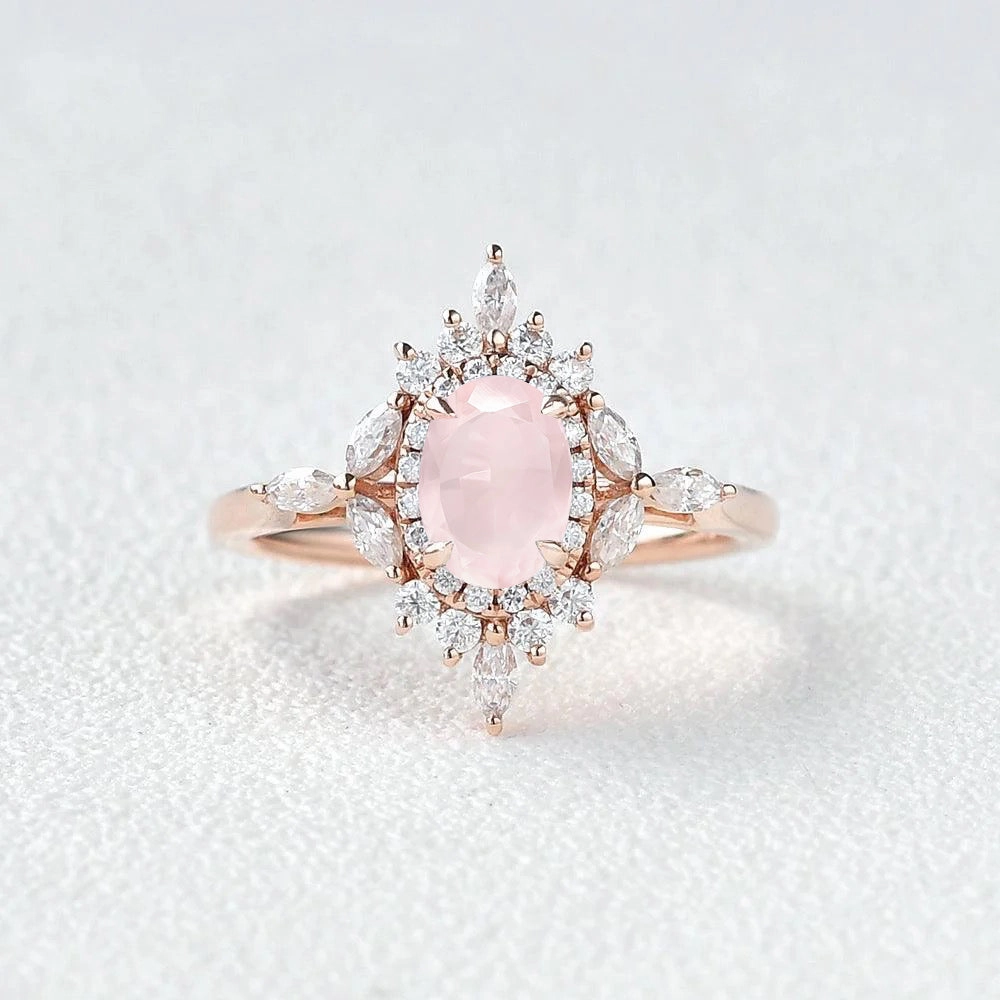 Designer Design 1.0ct Oval Rose Quartz Floral Vintage Engagement Ring
