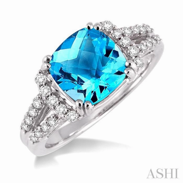 8x8 MM Cushion Shape Blue Topaz and 1/4 ctw Round Cut Diamond Ring in 14K White Gold Economical Design Joyful Gift