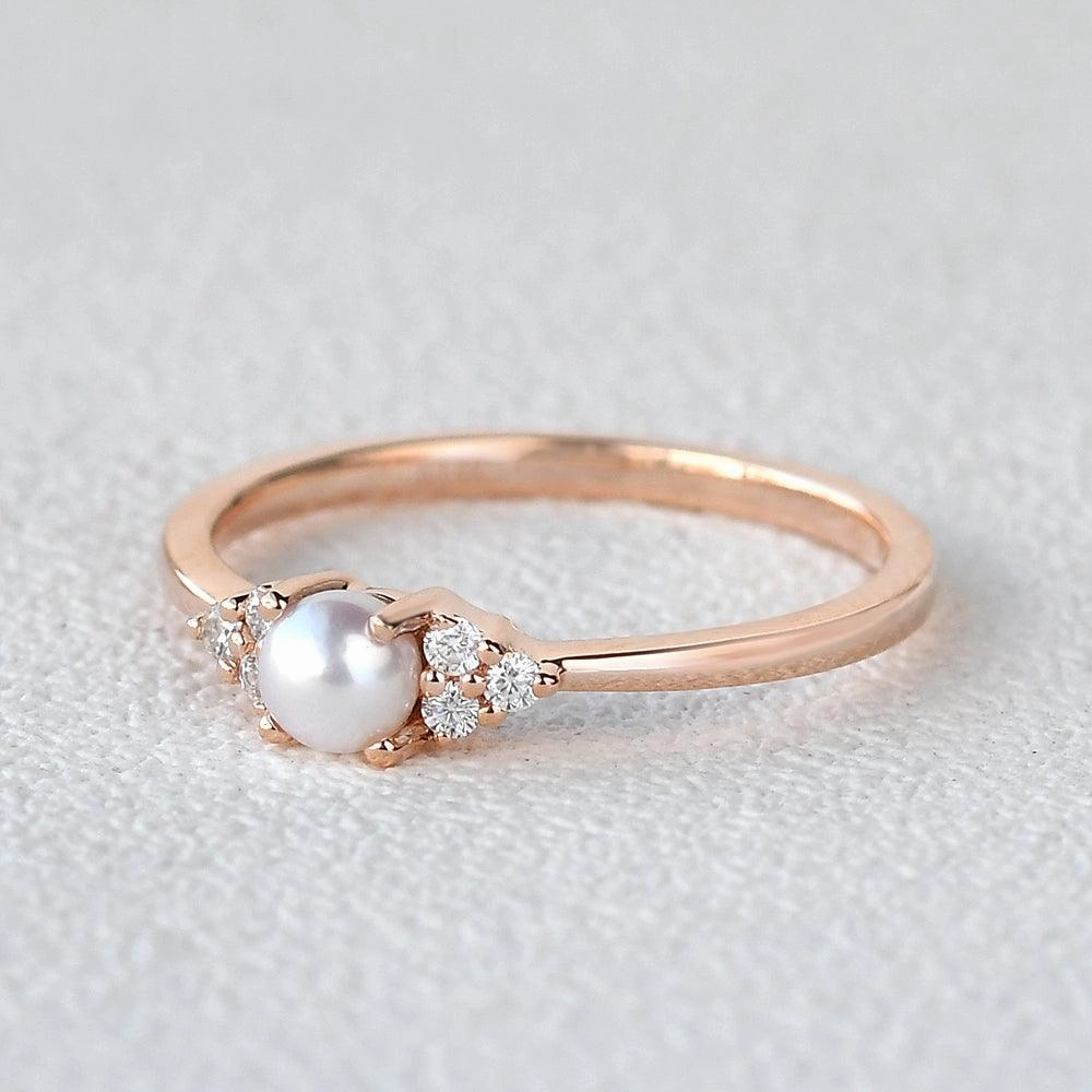 Akoya Pearl & Geometric Moissanite Rose Gold Ring Simple Bauble Clean Lines