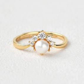 Akoya Pearl & Round Cut Moissanite Yellow Gold Ring Occasion Present