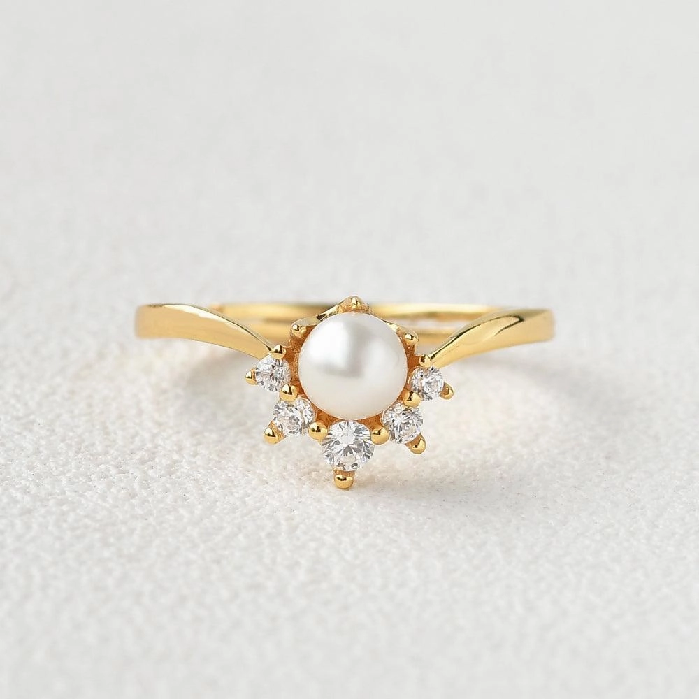 Modern Trinket Sturdy Symbol Akoya Pearl & Round Cut Moissanite Yellow Gold Ring