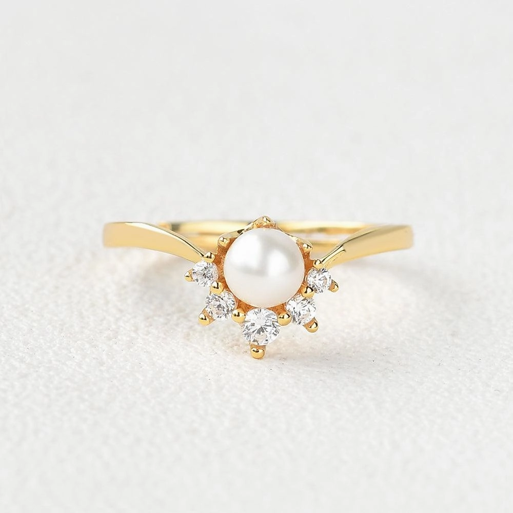 Charming Accent Generational Piece Akoya Pearl & Round Cut Moissanite Yellow Gold Ring