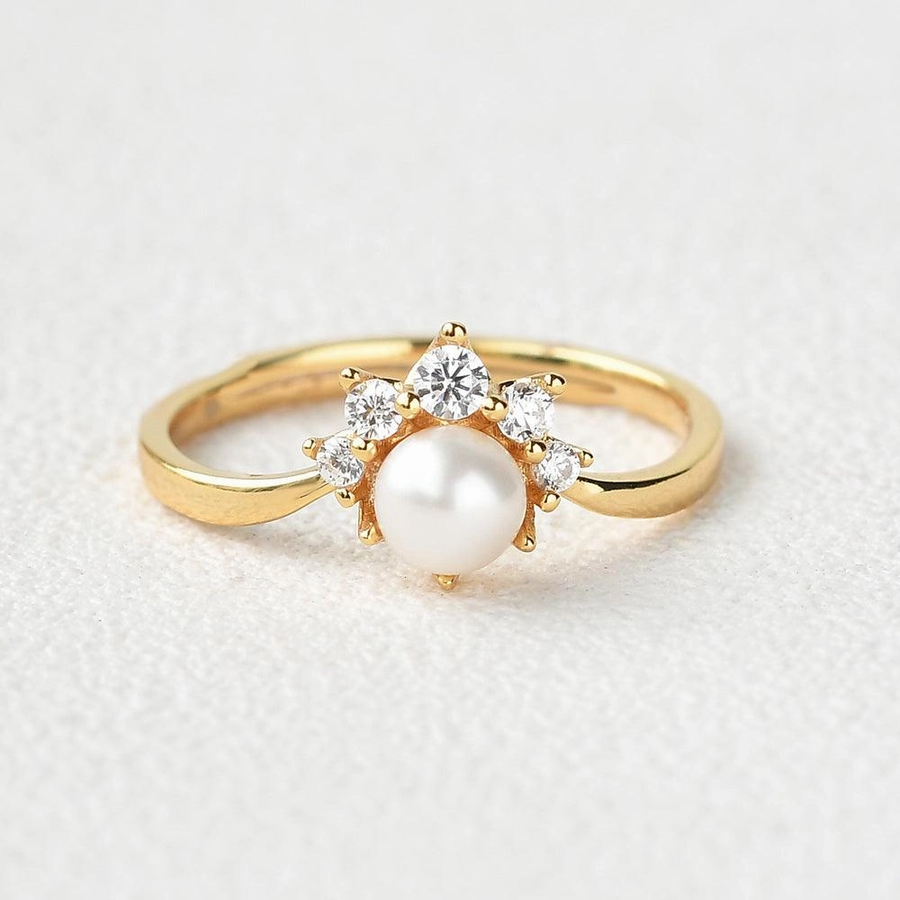 Akoya Pearl & Round Cut Moissanite Yellow Gold Ring Occasion Present