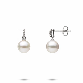 Akoya White Pearl Earrings in White Gold with Diamonds - 8mm Crisp Edge