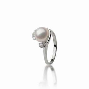 Akoya White Pearl Ring in White Gold with Diamond - 8mm Minimalist Charm All ages