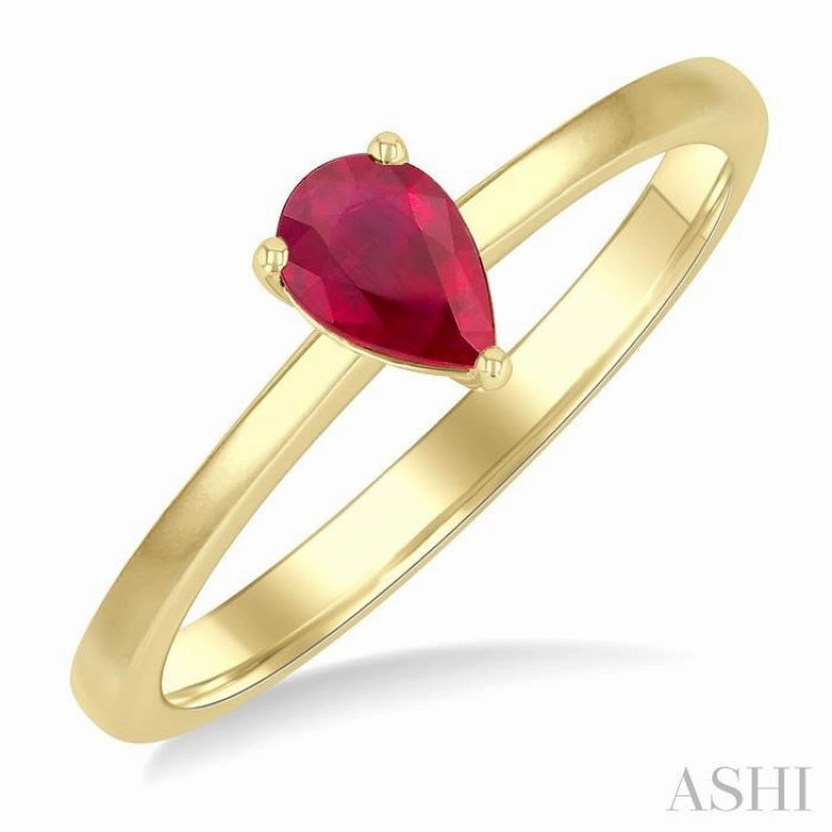 International Design 6x4 MM Pear Shape Ruby Precious Solitaire Ring in 14K Yellow Gold