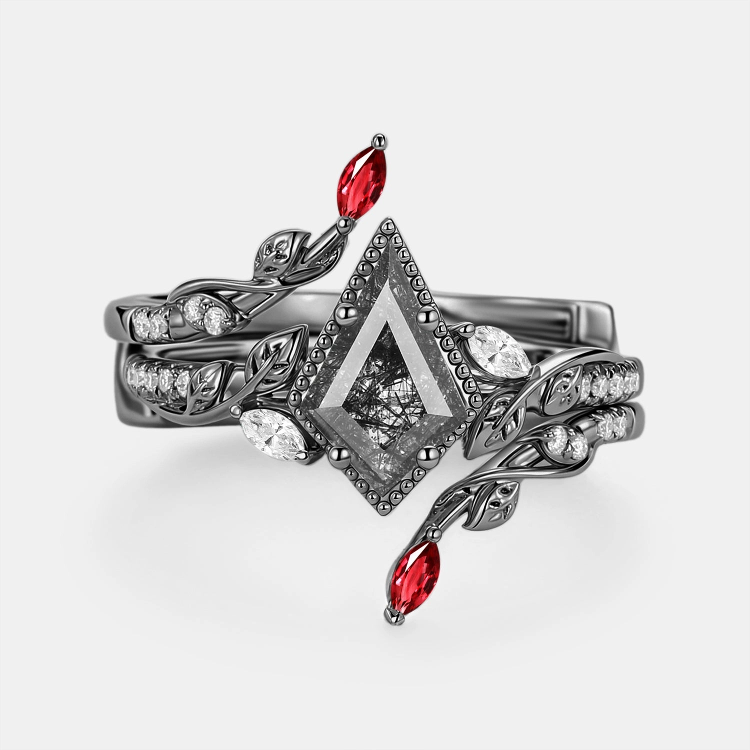 Multicolor Design Sister Present Leafy Vintage Kite Black Rutilated Quartz Cage Engagement Ring Set 2pcs - Breeze