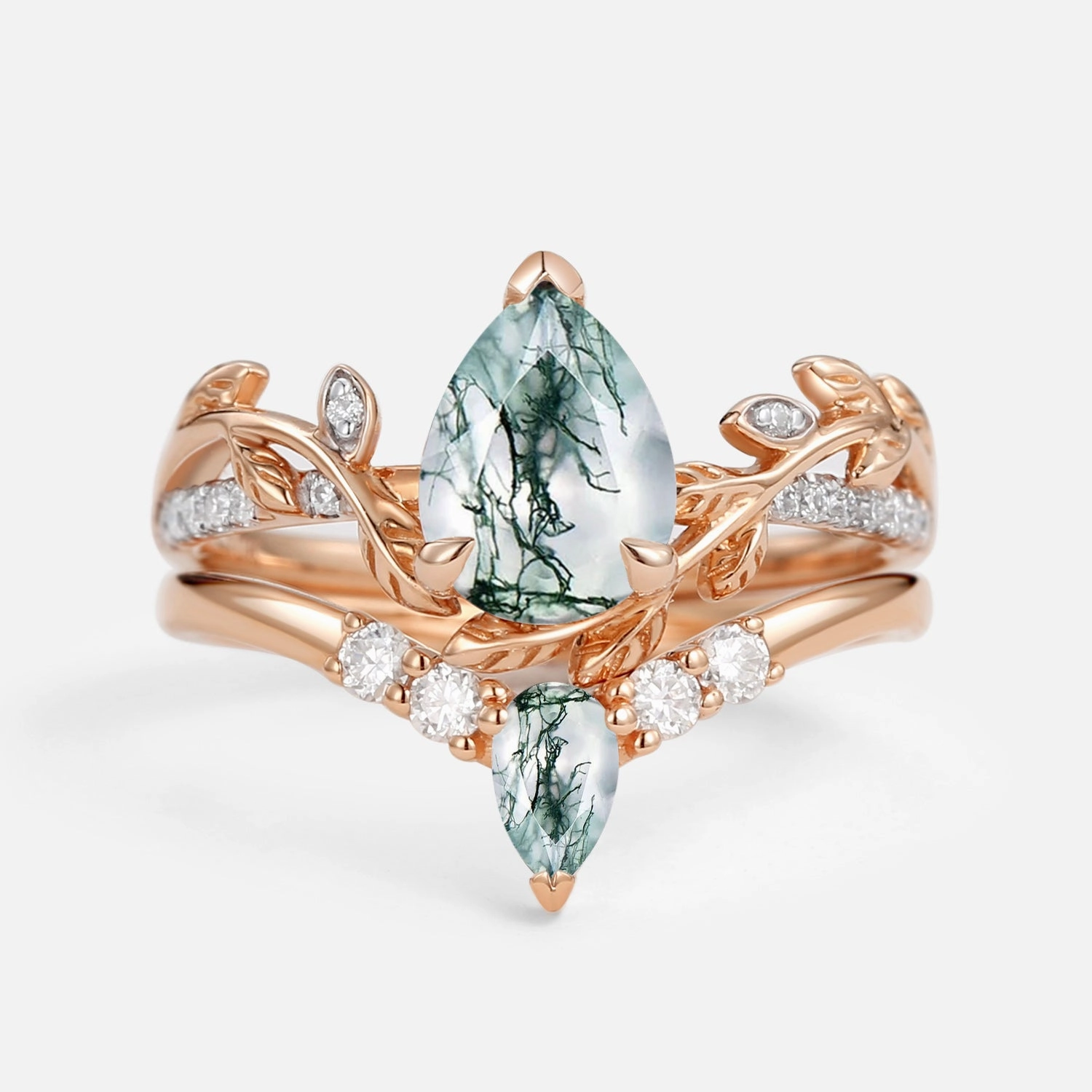 Urban Edge Luxury Shine Finish Pear Shaped Moss Agate & Moissanite Leafy Bridal Ring Set 2pcs