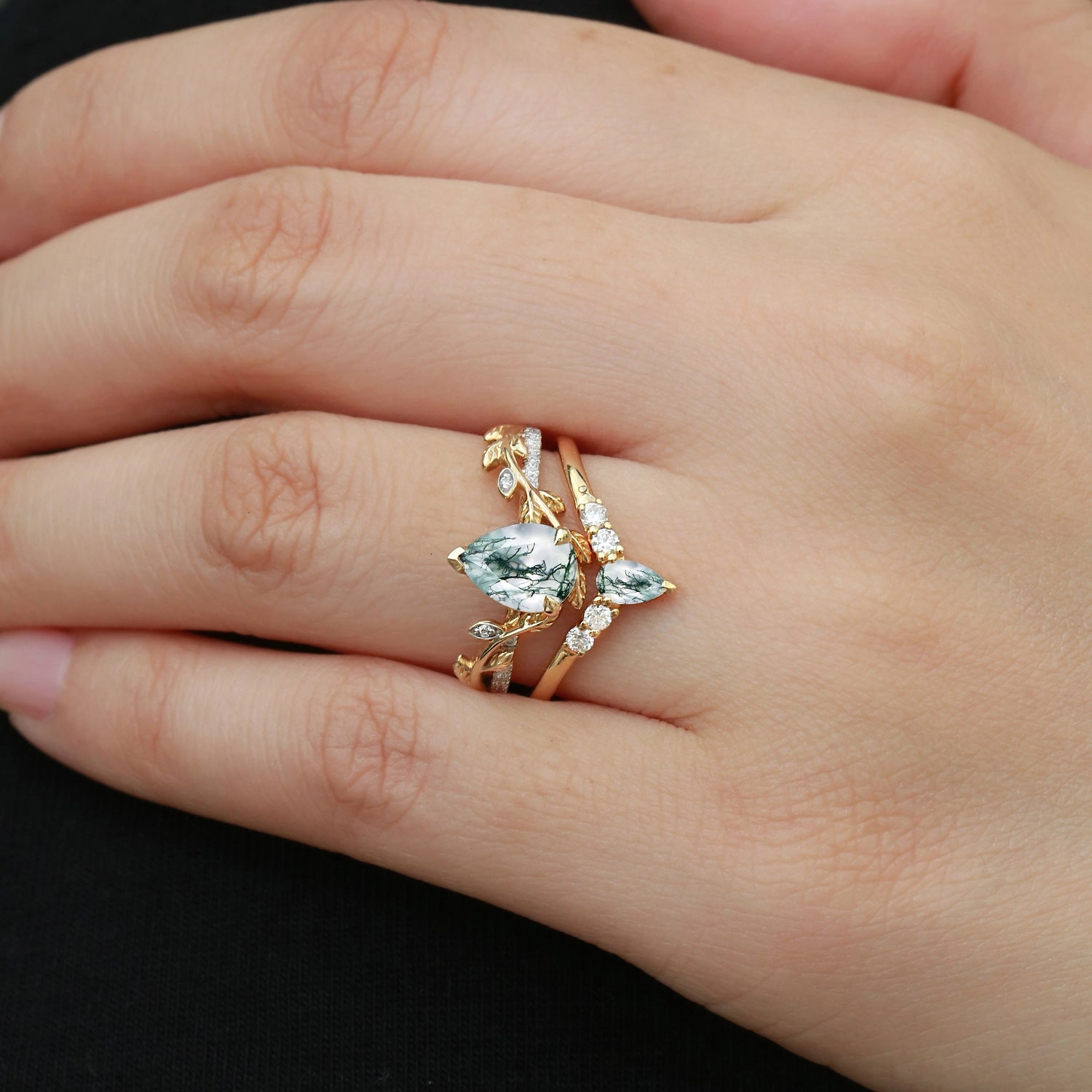 Pear Shaped Moss Agate & Moissanite Leafy Bridal Ring Set 2pcs Any Occasion