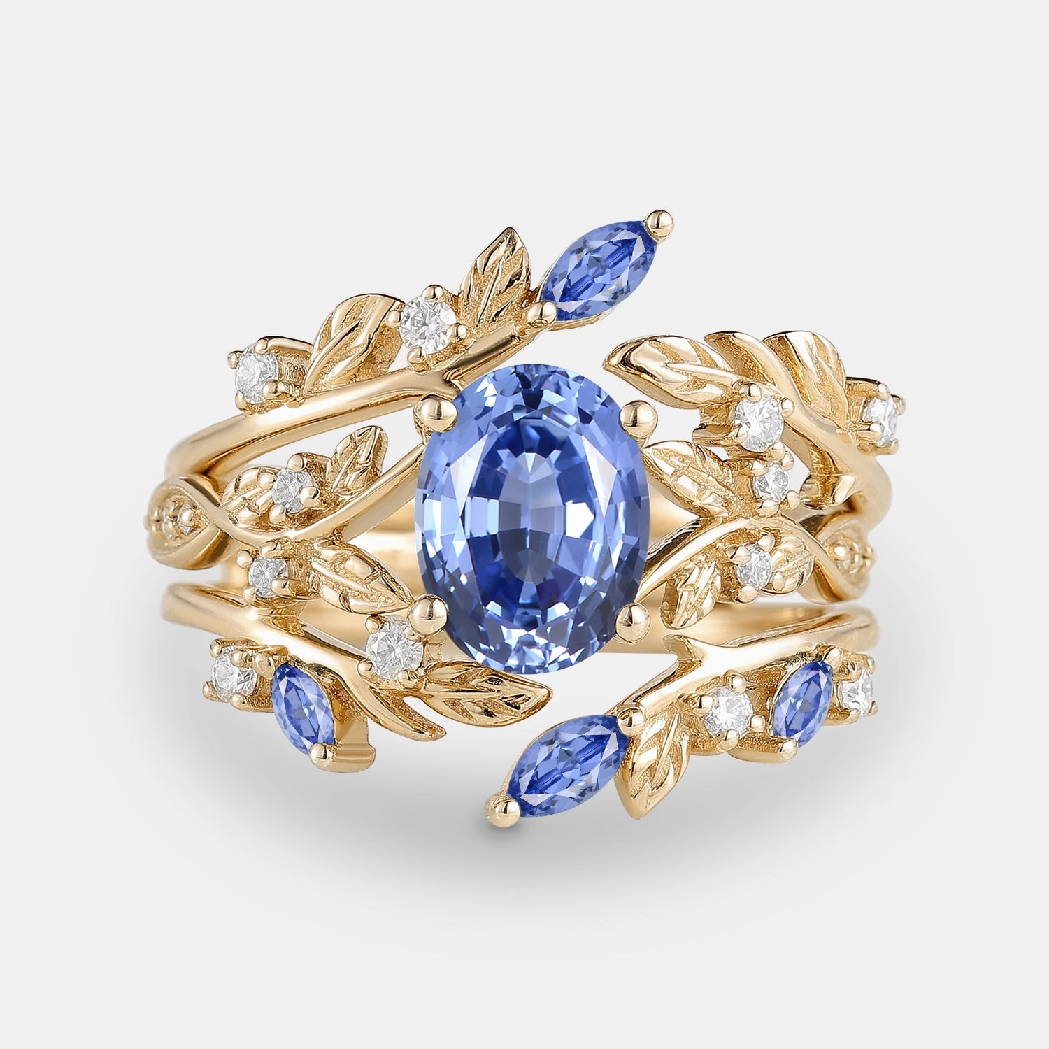 Leafy Oval Cut Moss Agate Engagement Ring Sets 2PCS Budget Embellishment Unique Style