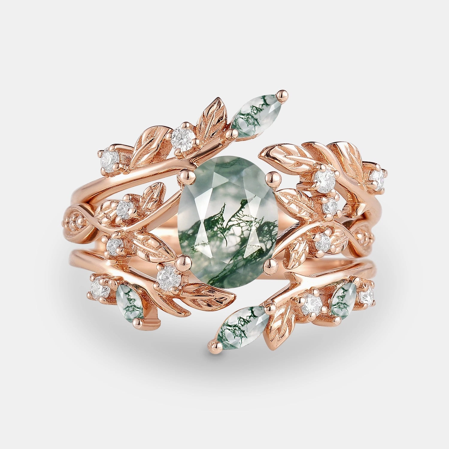 Smooth Finish Luxe For Less Leafy Oval Cut Moss Agate Engagement Ring Sets 2PCS