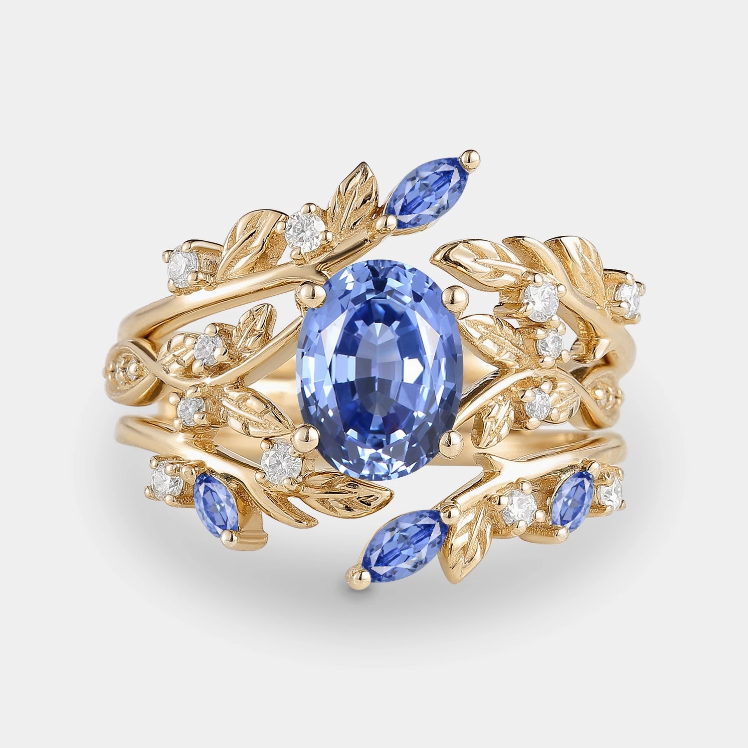 Leafy Oval Cut Moss Agate Engagement Ring Sets 2PCS Vibrant Accent Custom Jewelry