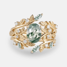 Leafy Oval Cut Moss Agate Engagement Ring Sets 2PCS Starry Night