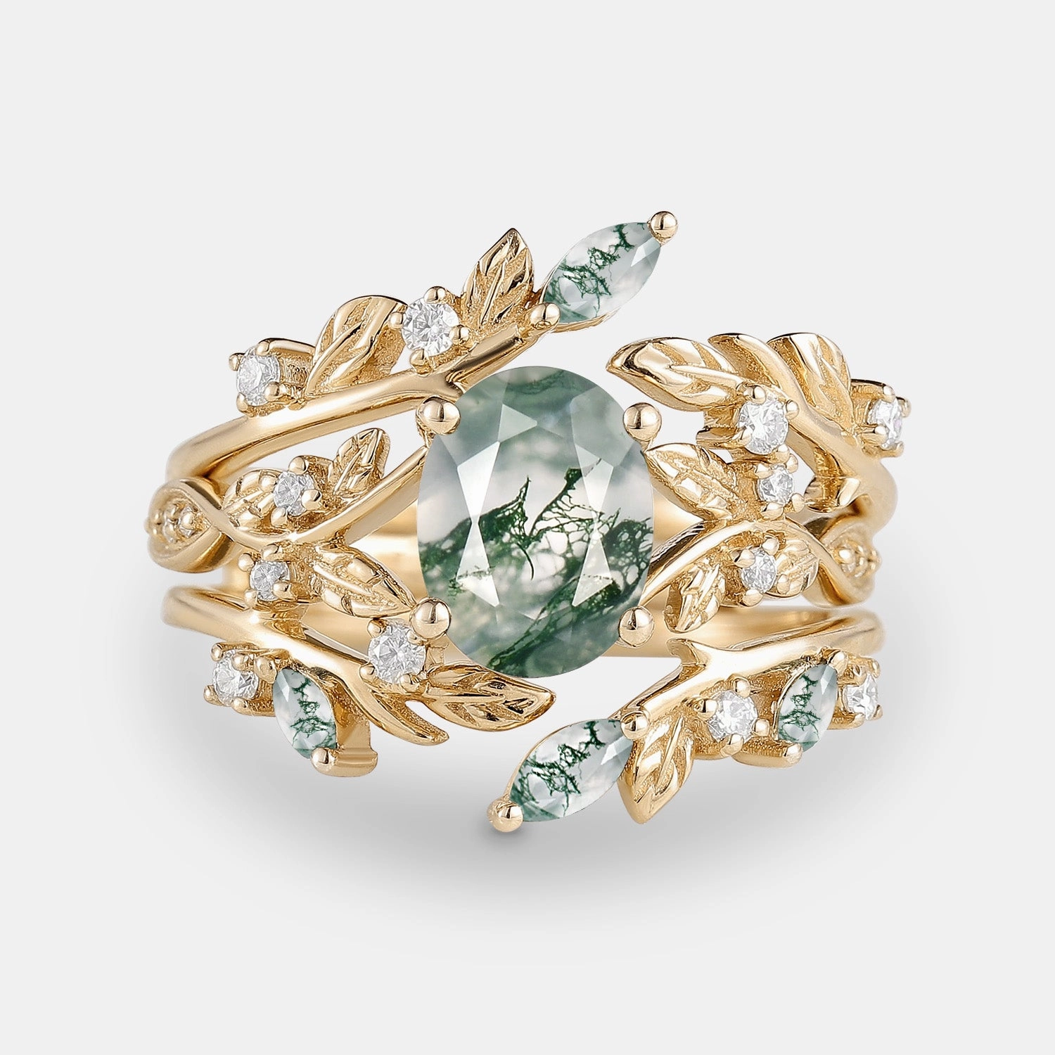 Leafy Oval Cut Moss Agate Engagement Ring Sets 2PCS Delightful Gift Simple Elegance