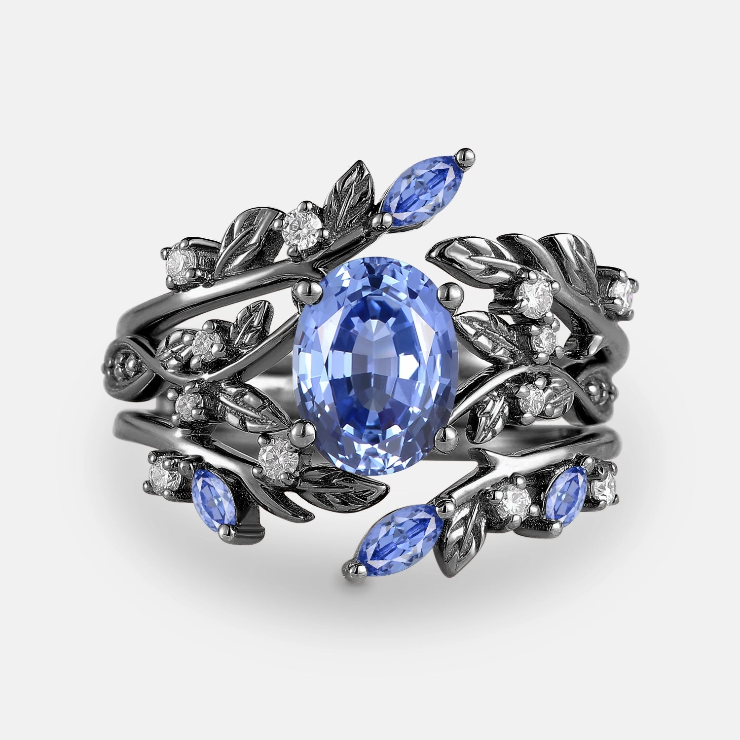 Shiny Accessory Hard Surface Leafy Oval Cut Moss Agate Engagement Ring Sets 2PCS