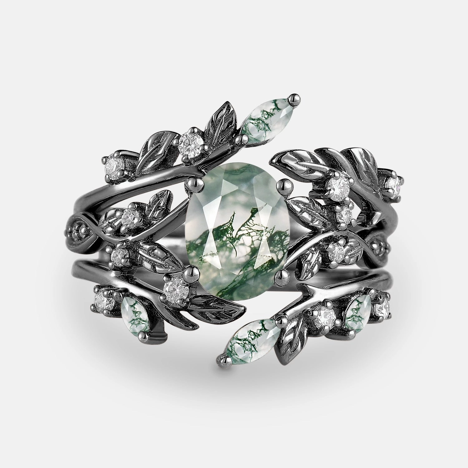 Premium Piece Leafy Oval Cut Moss Agate Engagement Ring Sets 2PCS
