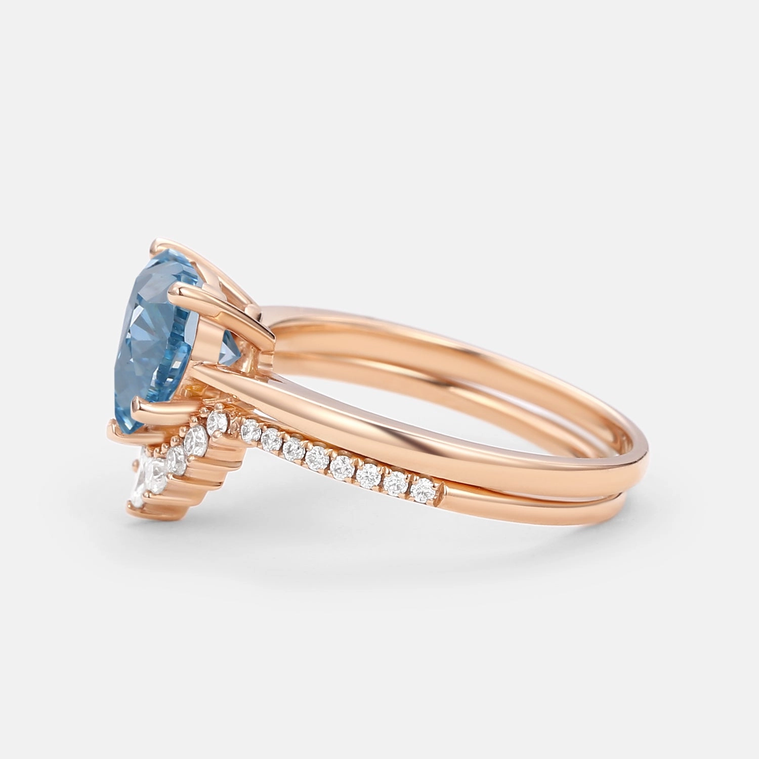 Heart Shaped Blue Lab Grown Diamond Classic Solitaire Ring Set 2pcs Bold Mark Monochrome Style