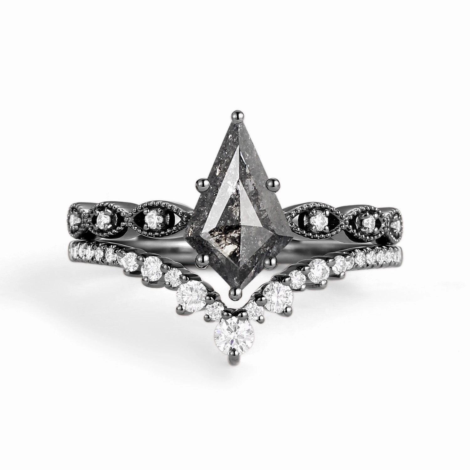 Secure fastening Understated Glimmer Kite Cut Salt and Pepper Diamonds Vintage Engagement Ring Set 2pcs - Winona