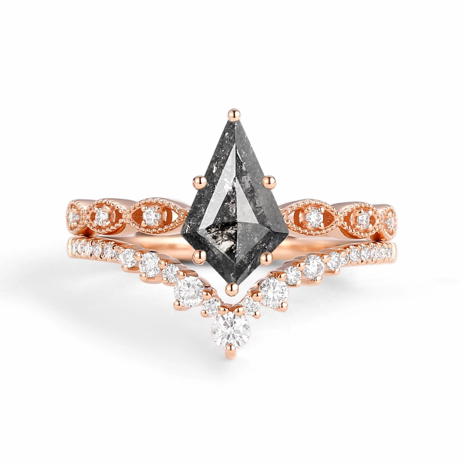 Kite Cut Salt and Pepper Diamonds Vintage Engagement Ring Set 2pcs - Winona holiday season