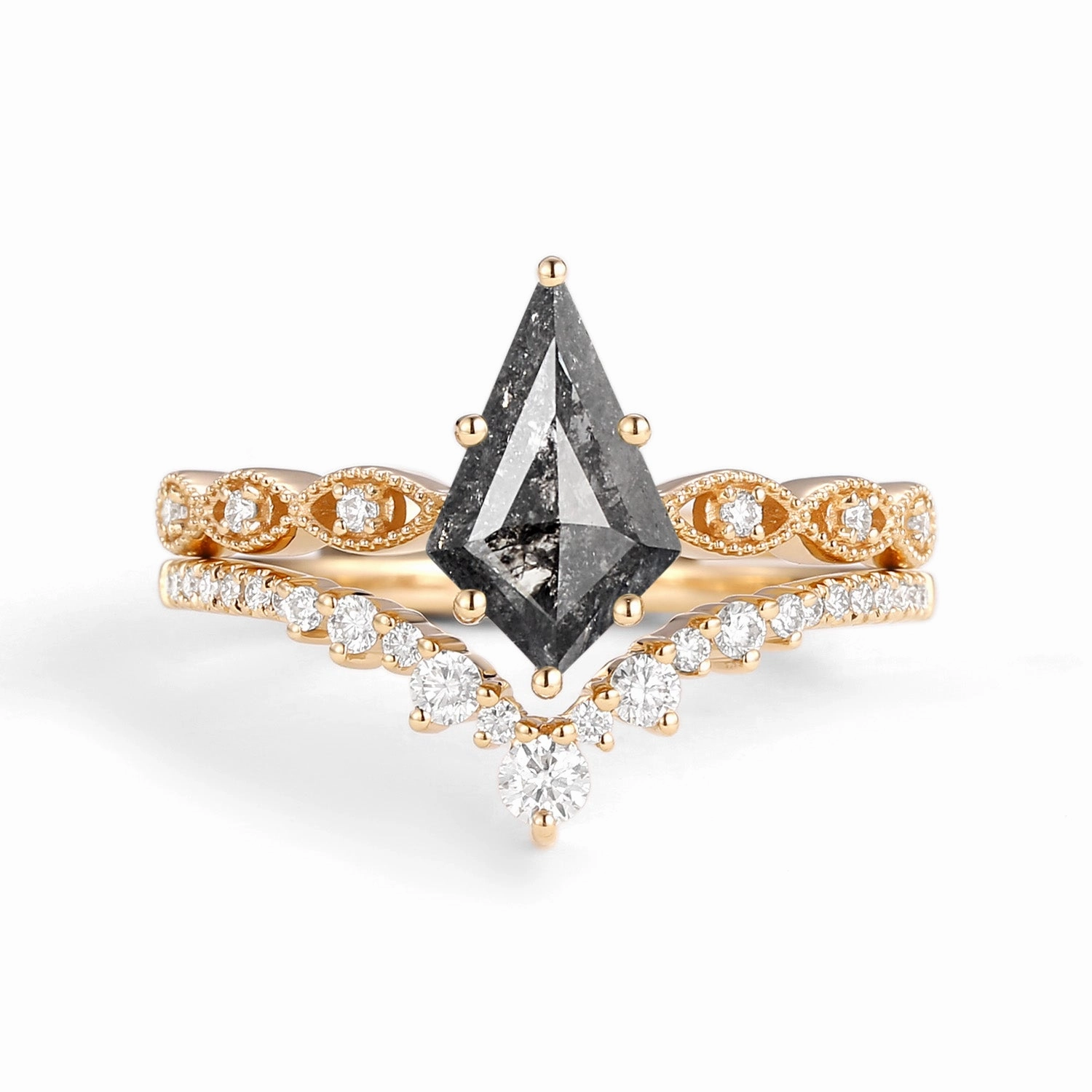 Kite Cut Salt and Pepper Diamonds Vintage Engagement Ring Set 2pcs - Winona Modern Craft Sleek Charm