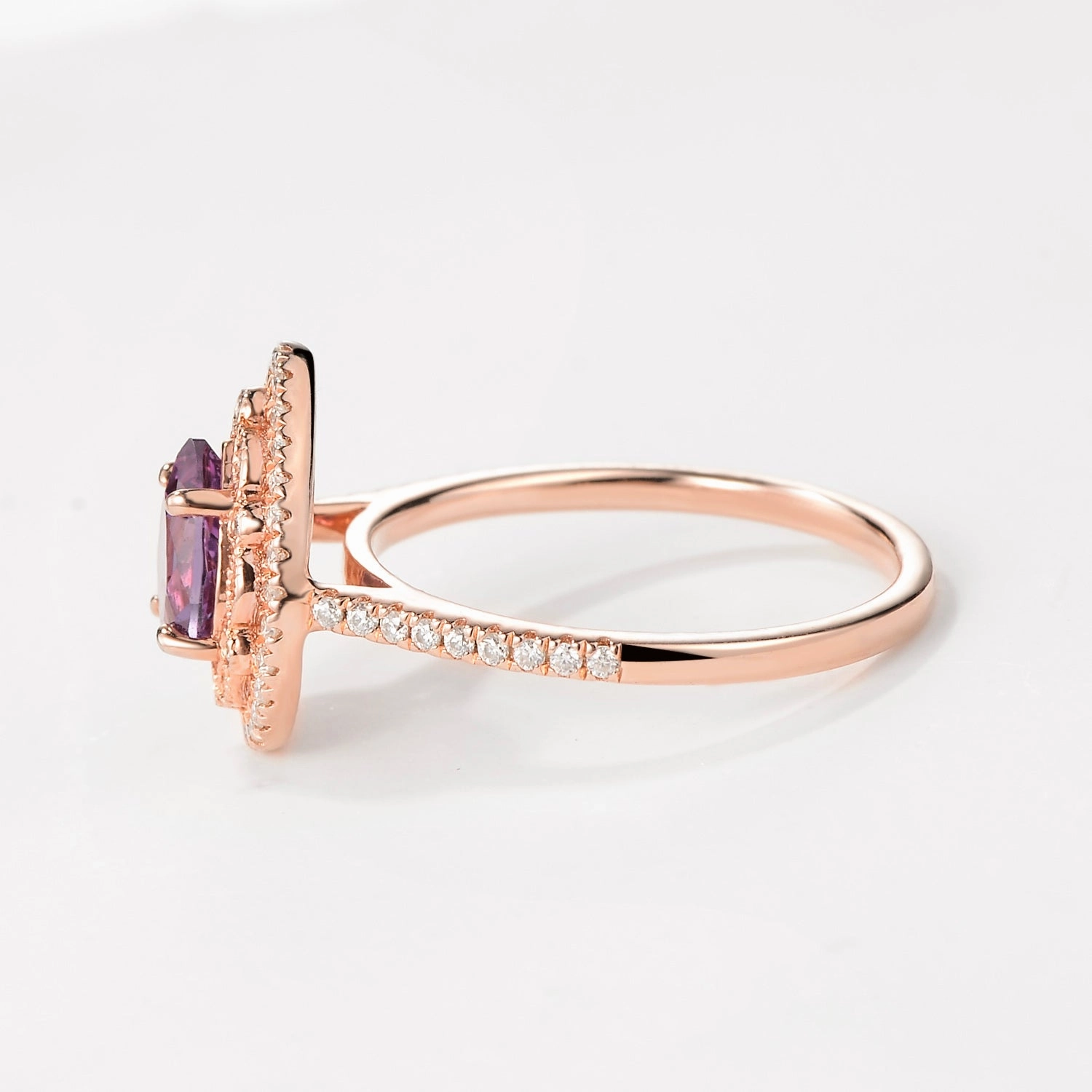 Luxury Detail Antique Pear Lab Alexandrite Rose Gold Halo Ring