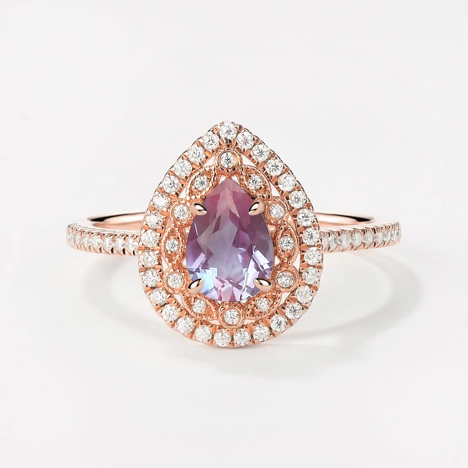 Sparkling Accent Weekend Glam Antique Pear Lab Alexandrite Rose Gold Halo Ring