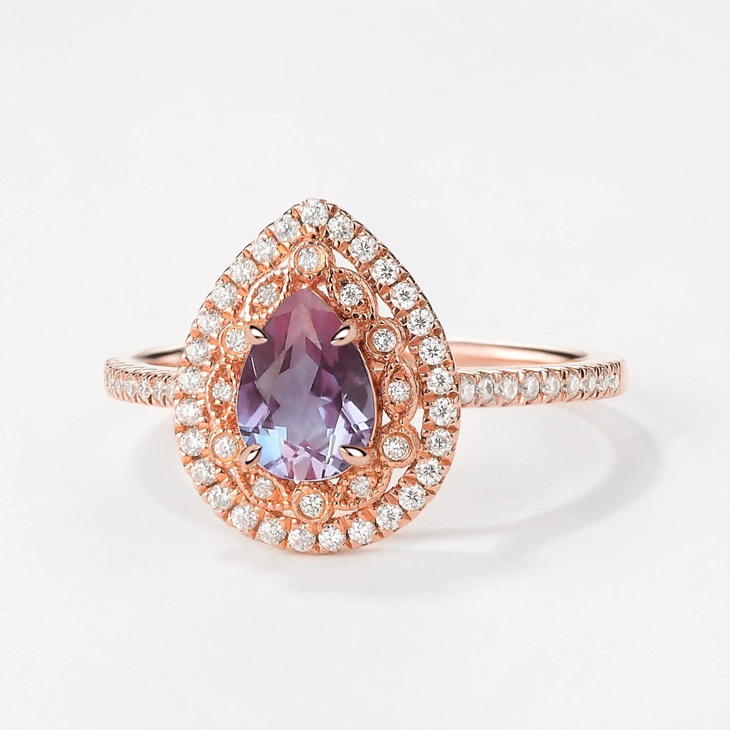 Minimal Mood Antique Pear Lab Alexandrite Rose Gold Halo Ring