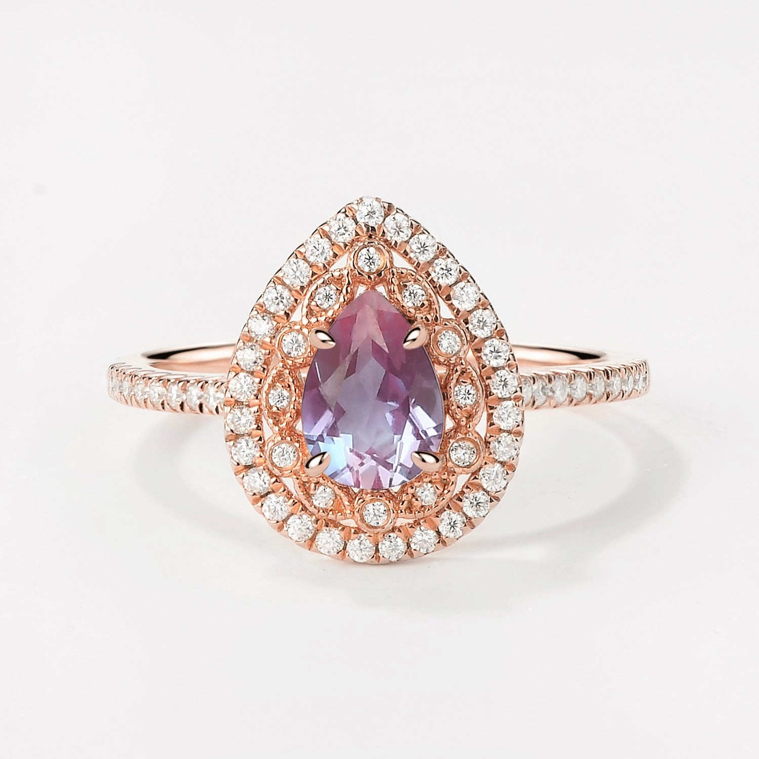 Affordable Craft Contemporary Grace Antique Pear Lab Alexandrite Rose Gold Halo Ring