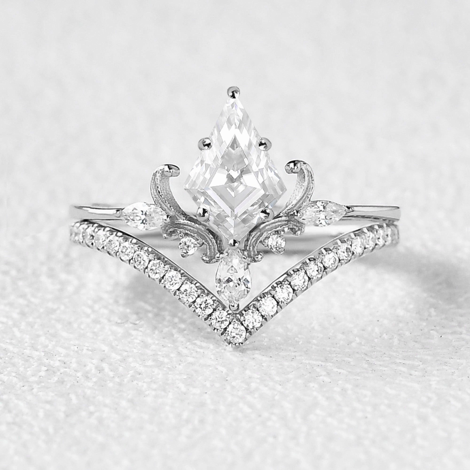 Art-Deco Antique Kite Cut Moissanite Engagement Ring Set 2pcs Meaningful Decoration Gift Surprise