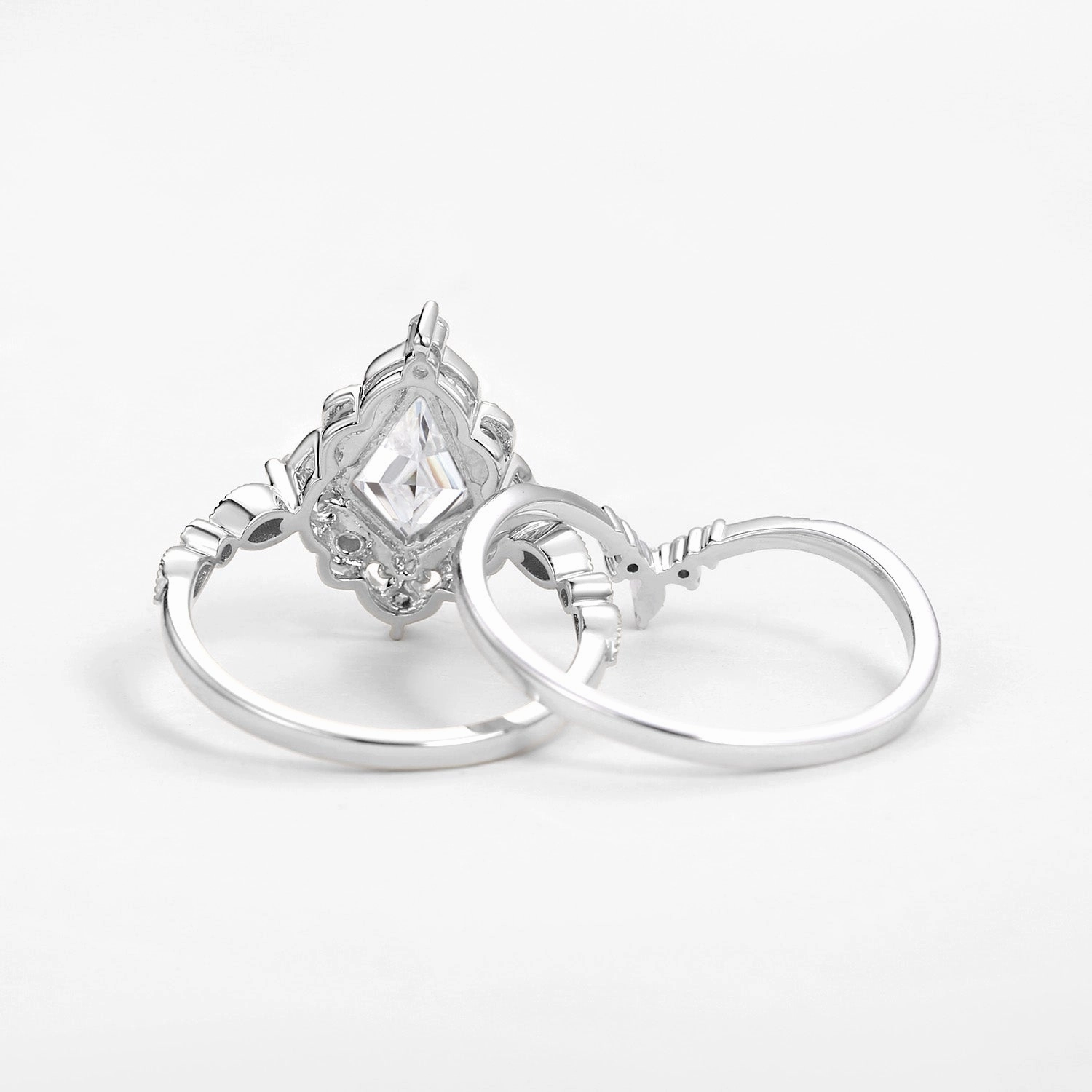 Personal Emblem Art Deco Kite Cut Moissanite Vintage Engagement Ring Set 2pcs