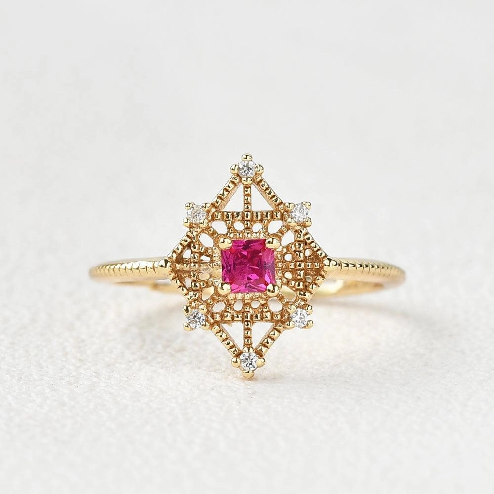 Art-Deco Lab Ruby & Moissanite Yellow Gold Ring Artistic Jewelry Glam Appeal