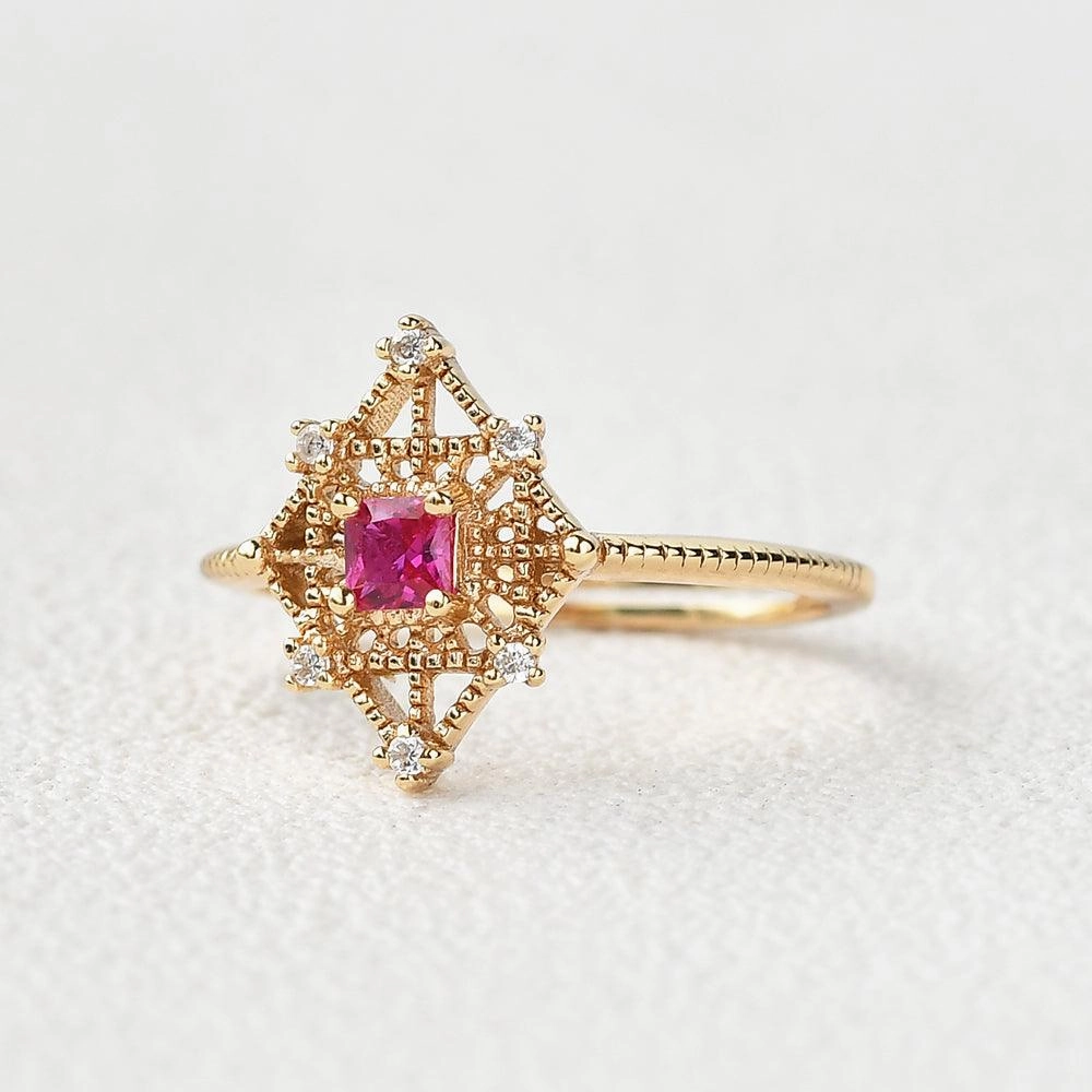Art-Deco Lab Ruby & Moissanite Yellow Gold Ring Low Profile