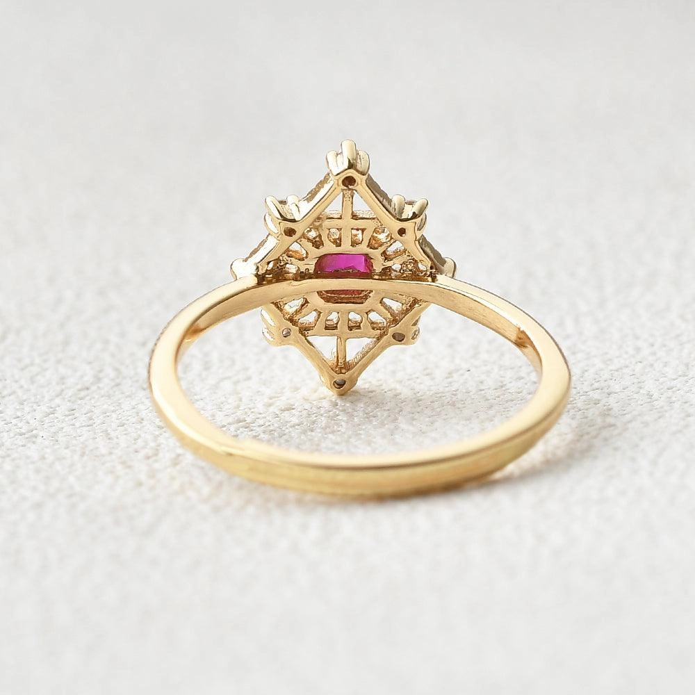 Art-Deco Lab Ruby & Moissanite Yellow Gold Ring Colorful Accent Secure Accessory