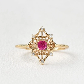 Art-Deco Lab Ruby & Moissanite Yellow Gold Ring Stylish Mark Vintage Style