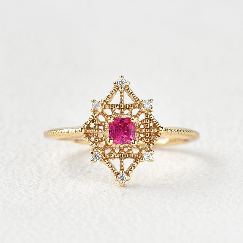 Art-Deco Lab Ruby & Moissanite Yellow Gold Ring Stylish Mark Vintage Style