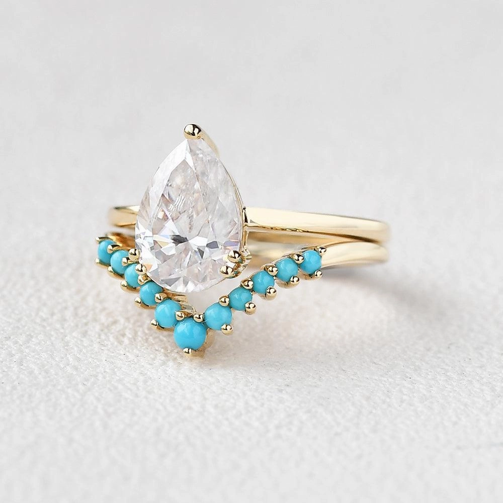 Sweet Style comfortable accessory Art-Deco Pear Shaped Moissanite & Turquoise Ring Set 2pcs