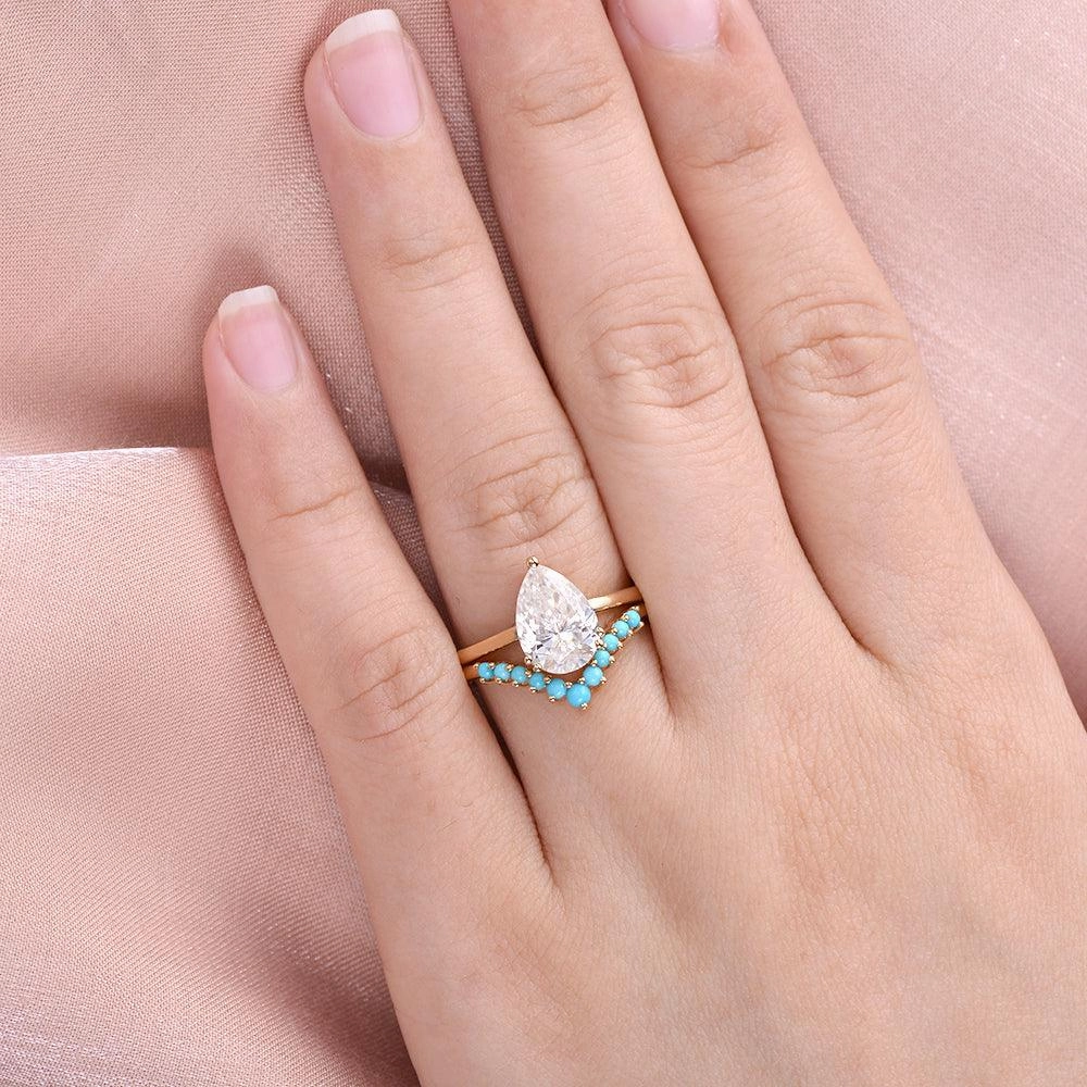 Contemporary Style Art-Deco Pear Shaped Moissanite & Turquoise Ring Set 2pcs