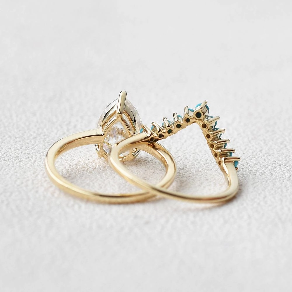 Art-Deco Pear Shaped Moissanite & Turquoise Ring Set 2pcs Chic Balance