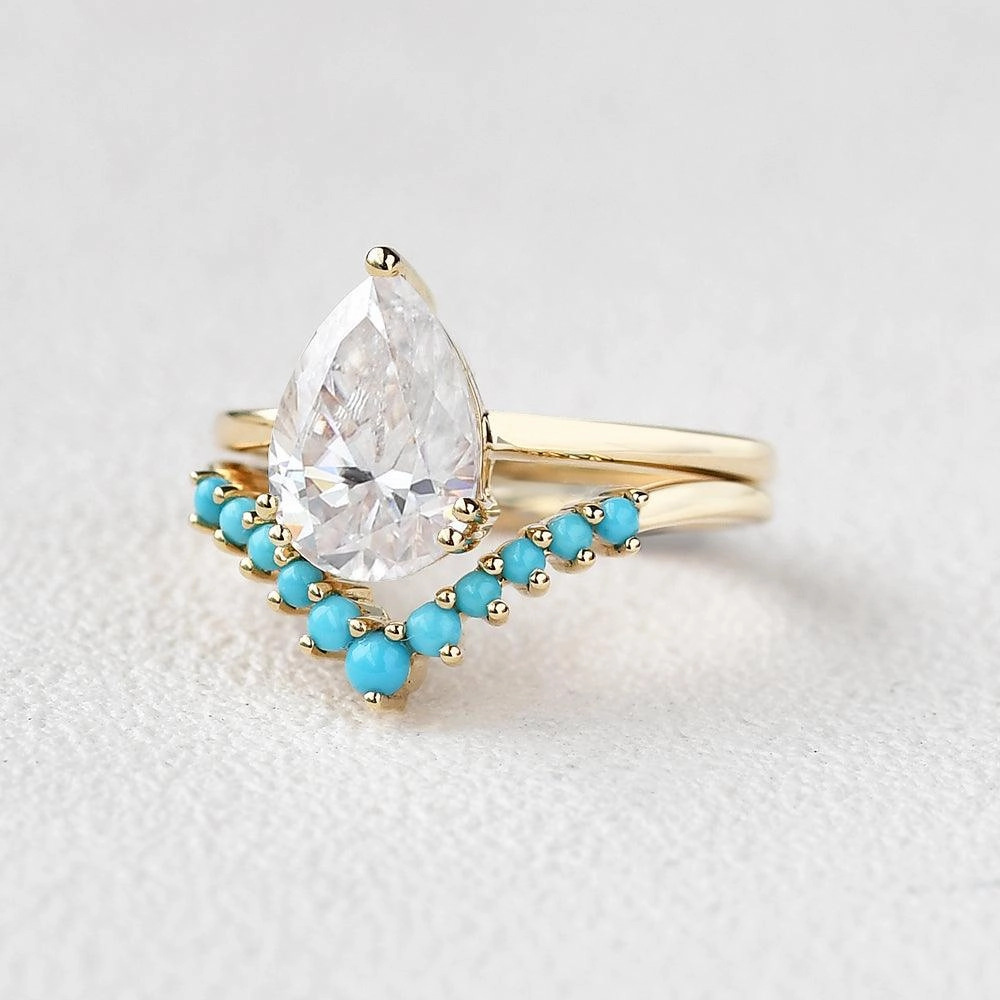 Crisp Finish Art-Deco Pear Shaped Moissanite & Turquoise Ring Set 2pcs