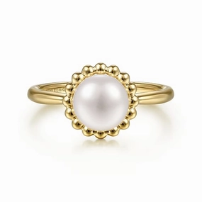 14K Yellow Gold Pearl Ring with Bujukan Beaded Halo Flawless Finish Charming Accent