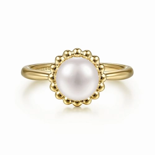 14K Yellow Gold Pearl Ring with Bujukan Beaded Halo Flawless Finish Charming Accent
