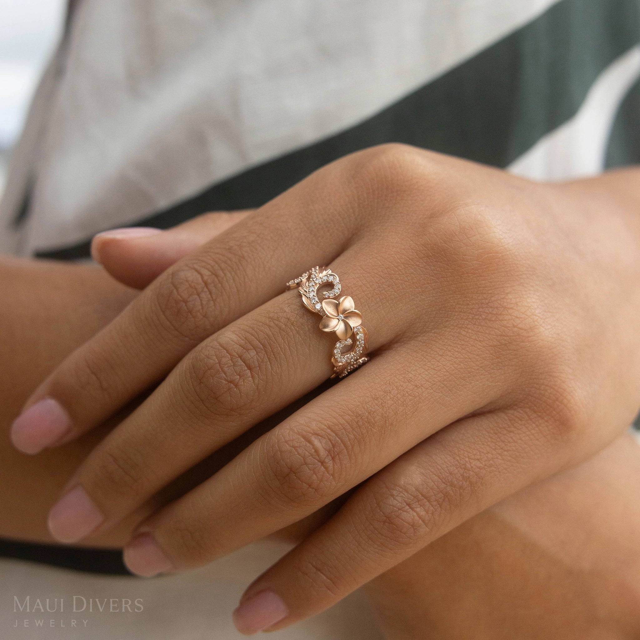 Fashion Layer Personalized Style Hawaiian Heirloom Plumeria Ring in Rose Gold with Diamonds - 8mm